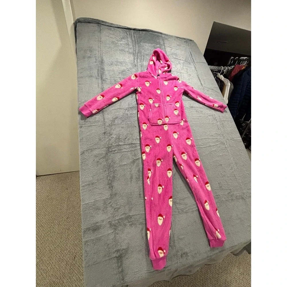 Forever 21 Kids Girls 9/10 Pink Santa Hooded One Piece‎ Pajamas Christmas Cozy